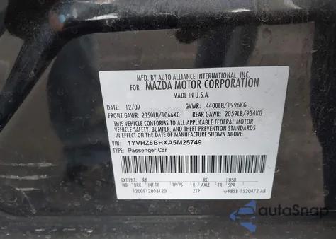 2010 Mazda Mazda6 I Sport z USA, uszkodzony, nr VIN 1YVHZ8BHXA5M25749